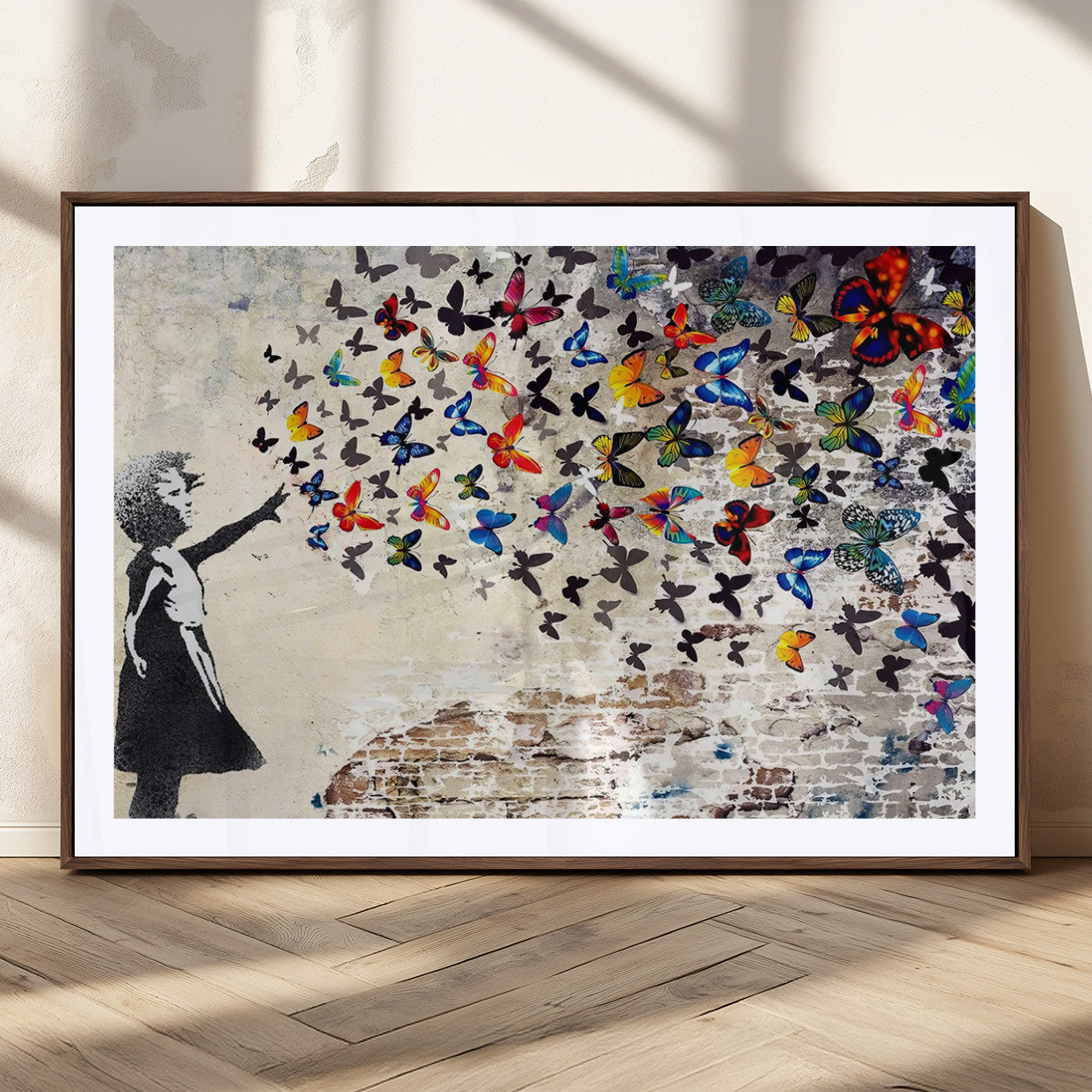97895-MGC-FP-36x24_Walnut-Girl with Butterflies Wall Art – Colorful Street Art Style Canvas Print, Modern Graffiti-Inspired Butterfly Artwork for Living