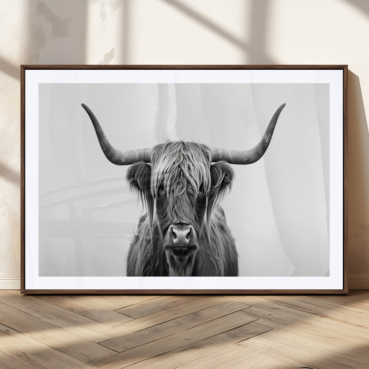 49556-MGC-FP-36x24_Walnut-Highland Cow Wall Art – Black and White Scottish Highland Cattle Print, Rustic Farmhouse Minimalist Animal Portrait Canvas for