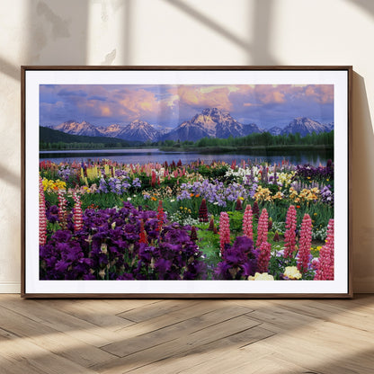 82270-MGC-FP-36x24_Walnut-Colorful Wildflower Meadow Landscape Wall Art – Snow-Capped Mountain Lake Sunset Print, Vibrant Nature Artwork for Living Room,