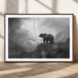 49504-MGC-FP-36x24_Walnut-Black and White Grizzly Bear Wall Art – Wilderness Wildlife Painting, Rustic Mountain Cabin Decor, Monochrome Animal Print for