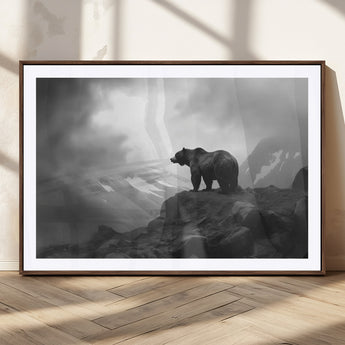 49504-MGC-FP-36x24_Walnut-Black and White Grizzly Bear Wall Art – Wilderness Wildlife Painting, Rustic Mountain Cabin Decor, Monochrome Animal Print for