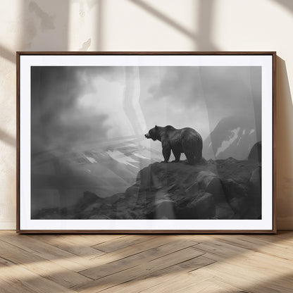 49504-MGC-FP-36x24_Walnut-Black and White Grizzly Bear Wall Art – Wilderness Wildlife Painting, Rustic Mountain Cabin Decor, Monochrome Animal Print for