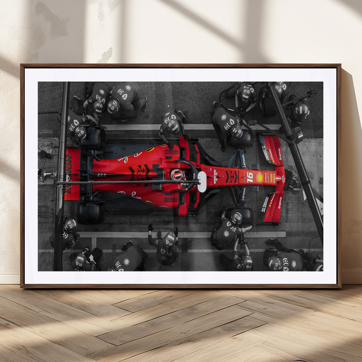 99356-MGC-FP-36x24_Walnut-Ferrari Pit Stop Wall Art – Formula 1 Racing Car Canvas Print, Red Speed Machine Motorsport Decor for Office, Garage, Man Cave or