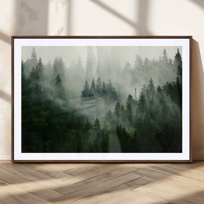 167720496-MGC-FP-36x24_Walnut-Misty Forest Wall Art – Serene Evergreen Trees Canvas Print, Foggy Mountain Nature Landscape Decor for Bedroom, Living Room or