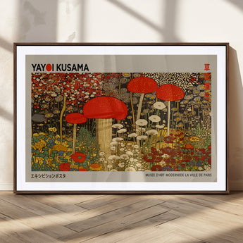 38013-MGC-FP-36x24_Walnut-Yayoi Kusama Inspired Mushroom Garden Wall Art – Whimsical Botanical Canvas Print, Surreal Nature Poster, Fantasy Floral Artwork