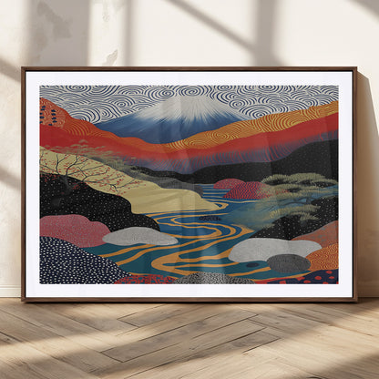 32131-MGC-FP-36x24_Walnut-Japanese Mount Fuji Wall Art – Abstract Landscape Canvas Print with Swirling Sky & River, Modern Minimalist Asian Inspired Poster