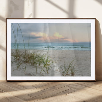 Test1001-MGC-FP-36x24_Walnut-Coastal Beach Wall Art – Panoramic Ocean Waves and Sandy Dunes Canvas Print, Serene Seascape with Sea Oats for Relaxing Home or