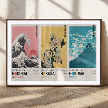 Katsushika-MGC-FP-36x24_Walnut-Katsushika Hokusai Wall Art Set – The Great Wave, Hydrangea and Swallow, Fine Wind Canvas Prints, Japanese Ukiyo e Style Home and