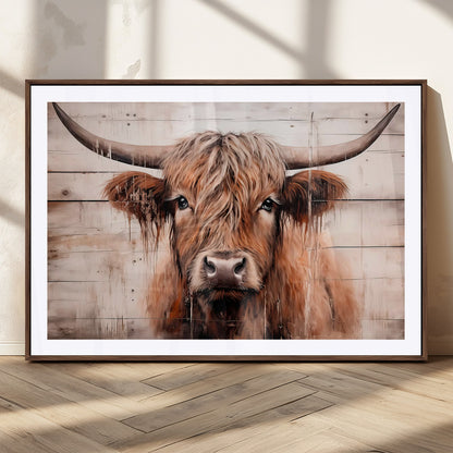 93730-MGC-FP-36x24_Walnut-Scottish Cow Wall Art Canvas Print, Framed Longhorn Cow Art Picture Print, Highland Cattle Perfect Rustic Farmhouse Decor Artwork