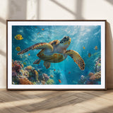 37623-MGC-FP-36x24_Walnut-Sea Turtle Wall Art – Underwater Ocean Canvas Print with Coral Reef and Tropical Fish, Marine Life Painting Poster for Living