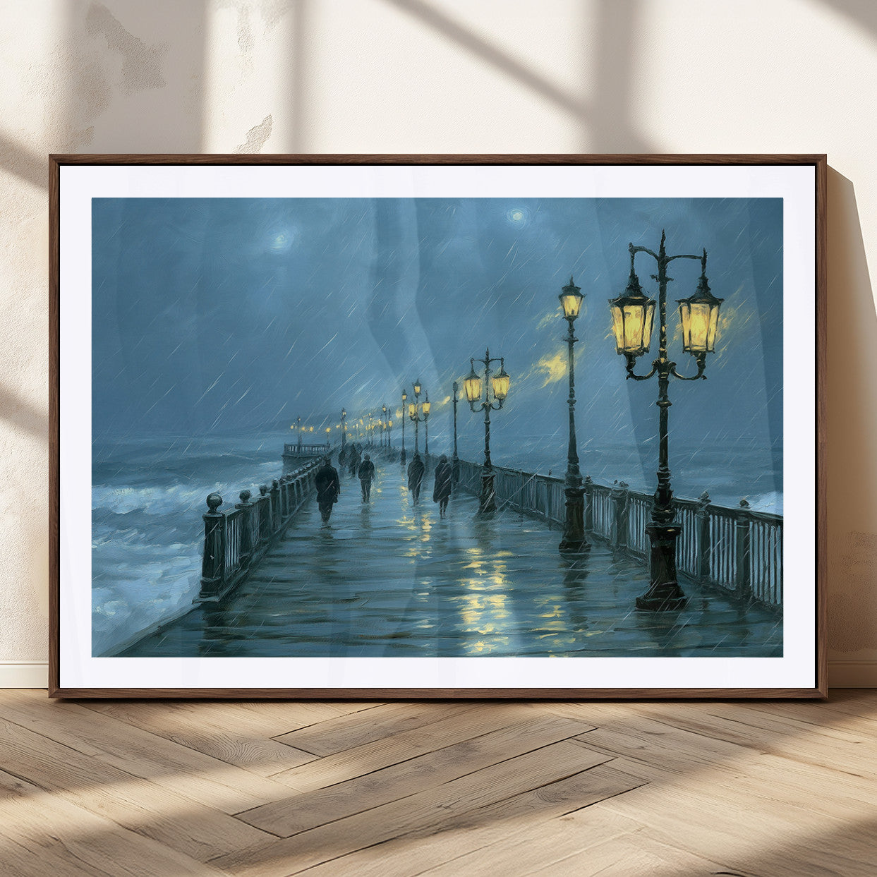 79606-MGC-FP-36x24_Walnut-Rainy Pier Night Wall Art – Ocean Waves and Street Lamps Canvas Print, Moody Seascape Oil Painting Poster for Living Room,