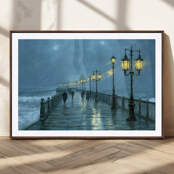 79606-MGC-FP-36x24_Walnut-Rainy Pier Night Wall Art – Ocean Waves and Street Lamps Canvas Print, Moody Seascape Oil Painting Poster for Living Room,