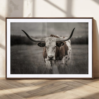 69238-MGC-FP-36x24_Walnut-Longhorn Bull Wall Art – Rustic Black and White Texas Cattle Canvas Print, Western Farmhouse Animal Photography for Living Room,