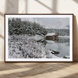 94285-MGC-FP-36x24_Walnut-Snowy Cabin Wall Art Canvas Print, Framed Winter Cabin Art Picture Print, Mountain Lake Perfect Snowy Nature Decor Artwork