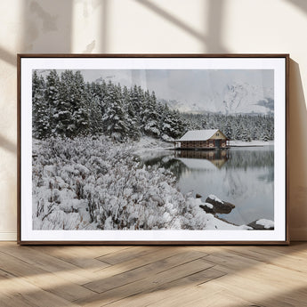 94285-MGC-FP-36x24_Walnut-Snowy Cabin Wall Art Canvas Print, Framed Winter Cabin Art Picture Print, Mountain Lake Perfect Snowy Nature Decor Artwork