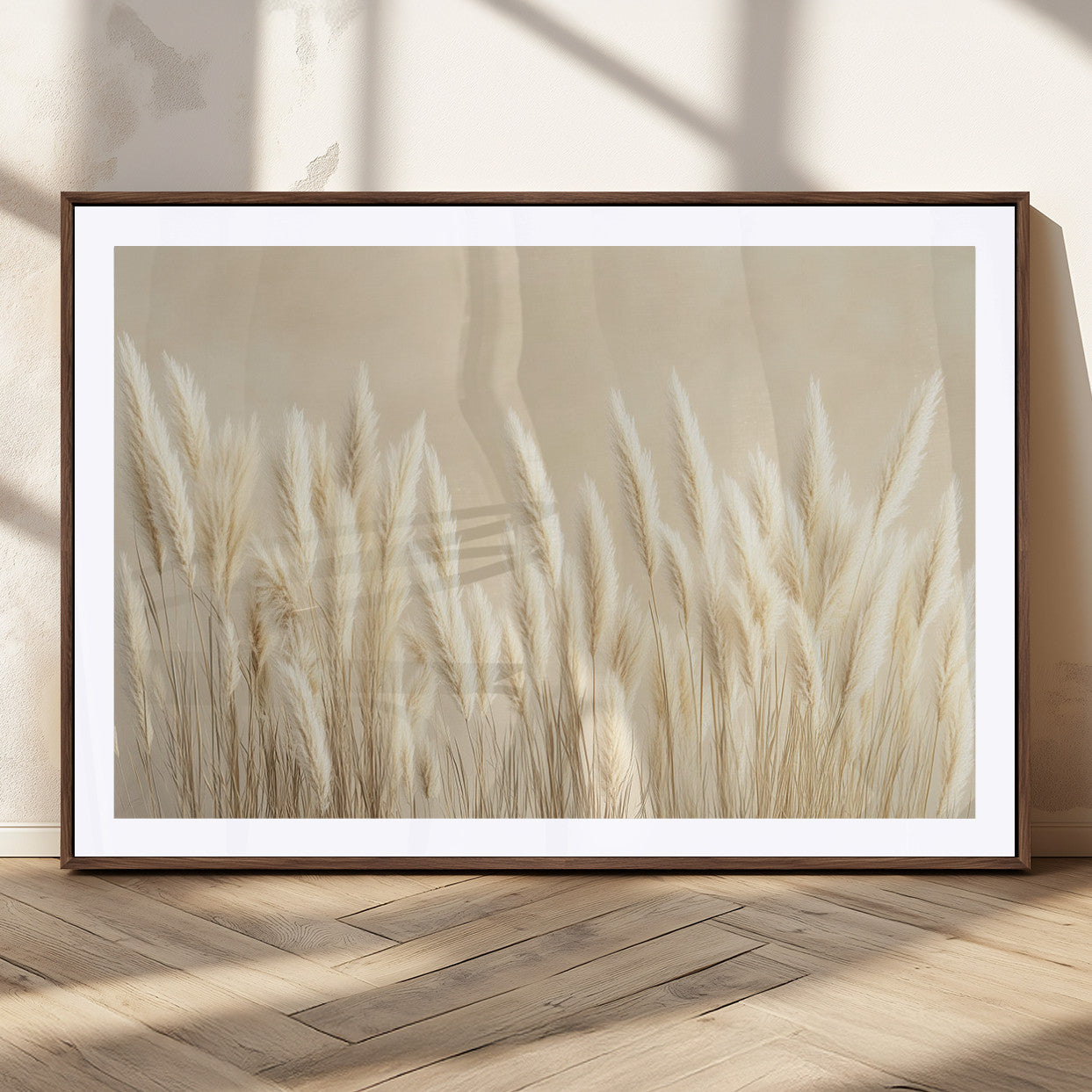 81444-MGC-FP-36x24_Walnut-Pampas Grass Wall Art Canvas Print, Framed Beige Pampas Grass Art Picture Print, Minimalist Beige Perfect Minimalist Nature Decor
