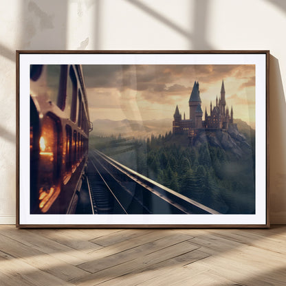 84029-MGC-FP-36x24_Walnut-Fantasy Castle Wall Art – Magical Train Sunset Forest Canvas Print, Enchanted Landscape Painting Poster for Living Room, Bedroom,