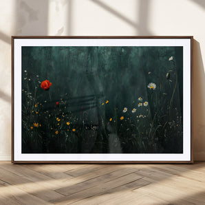 26218-MGC-FP-36x24_Walnut-Wildflower Wall Art – Dark Botanical Floral Canvas Print, Modern Nature Painting Poster with Daisy Poppy Yellow Flowers for Living