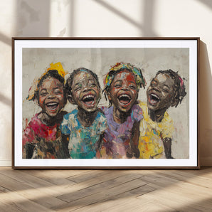 93034-MGC-FP-36x24_Walnut-Happy Children Wall Art – Colorful Kids Laughing Canvas Print, Joyful Expressionist Painting for Living Room, Playroom, Office or