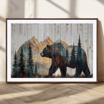 90077-MGC-FP-36x24_Walnut-Wood Grizzly Bear Wall Art Canvas Print, Framed Abstract Bear Art Picture Print, Bear in Forest Perfect Rustic Lodge Decor Artwork