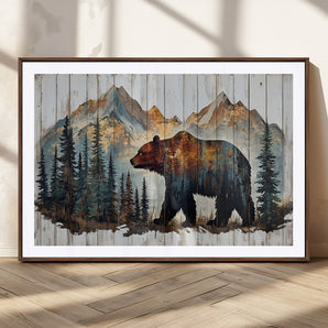 55777-MGV-CV-36X24-Rustic Bear Wall Art Canvas Print, Framed Mountain and Forest Art Picture Print, Wooden Bear Perfect Rustic Lodge Decor Artwork