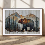 55777-MGV-CV-36X24-Rustic Bear Wall Art Canvas Print, Framed Mountain and Forest Art Picture Print, Wooden Bear Perfect Rustic Lodge Decor Artwork