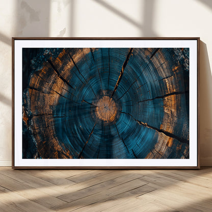 65231-MGC-FP-36x24_Walnut-Blue and Gold Tree Ring Wall Art – Rustic Abstract Wood Slice Canvas Print, Modern Nature Inspired Artwork for Living Room,