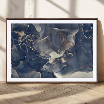 28282-MGC-FP-36x24_Walnut-Blue Abstract Wall Art – Modern Ink Swirl Canvas Print, Contemporary Navy and Gold Painting for Living Room, Bedroom, Office or