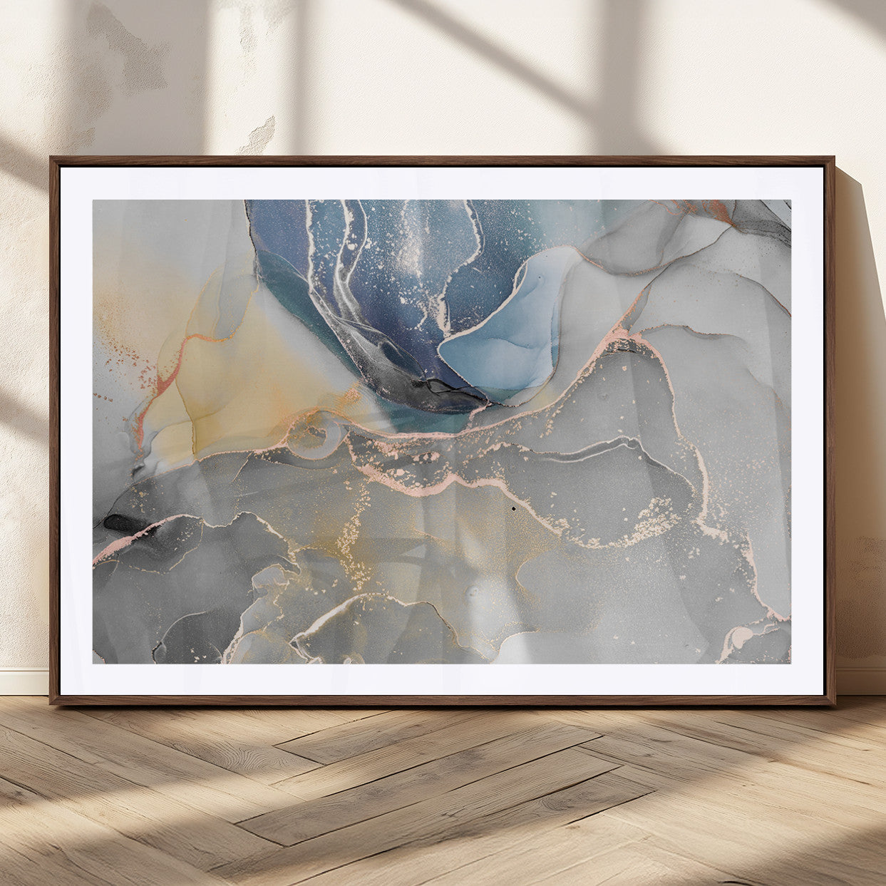 18176-MGC-FP-36x24_Walnut-Abstract Fluid Wall Art – Modern Marble Ink Canvas Print with Blue, Gold, and Gray Tones, Contemporary Minimal Artwork Decor for