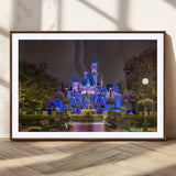 63560-MGC-FP-36x24_Walnut-Fairy Tale Castle Wall Art – Magical Night Scene Canvas Print with Lights and Gardens, Fantasy Architecture Artwork for Living
