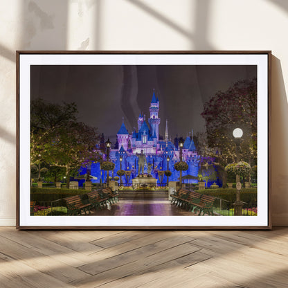 63560-MGC-FP-36x24_Walnut-Fairy Tale Castle Wall Art – Magical Night Scene Canvas Print with Lights and Gardens, Fantasy Architecture Artwork for Living