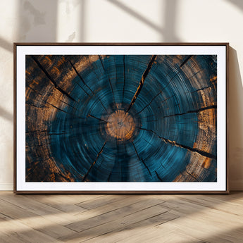 13398-MGC-FP-36x24_Walnut-Tree Ring Wall Art – Abstract Wood Grain Canvas Print with Blue and Orange Accents, Rustic Nature Inspired Artwork for Living