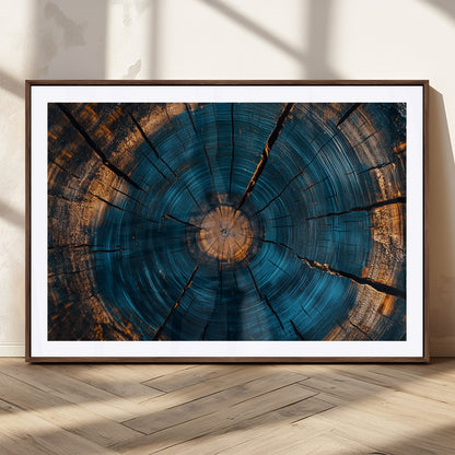13398-MGC-FP-36x24_Walnut-Tree Ring Wall Art – Abstract Wood Grain Canvas Print with Blue and Orange Accents, Rustic Nature Inspired Artwork for Living