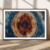 90395-MGC-FP-36x24_Walnut-Tree Ring Wall Art – Abstract Wood Grain Canvas Print with Fiery Red and Blue Tones, Bold Rustic Nature Inspired Artwork Decor for