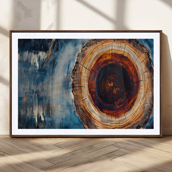 48045-MGC-FP-36x24_Walnut-Tree Ring Abstract Wall Art – Rustic Wood Grain Canvas Print with Brown Center and Blue Brush Strokes, Nature Inspired Artwork for