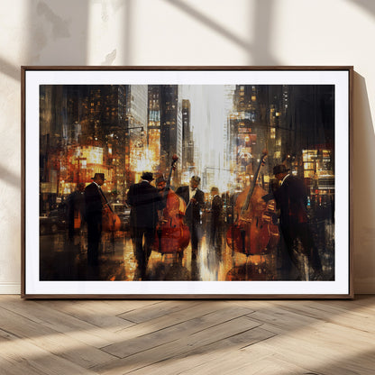 58782-MGC-FP-36x24_Walnut-Jazz Musicians Cityscape Wall Art – Vibrant Urban Night Canvas Print, Elegant Music Themed Decor for Living Room, Office, or Music