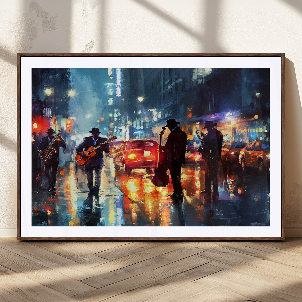 94605-MGC-FP-36x24_Walnut-City Jazz Night Wall Art – Vibrant Music Canvas Print Featuring Saxophone, Guitar and Bass Players, Urban Street Scene Artwork for
