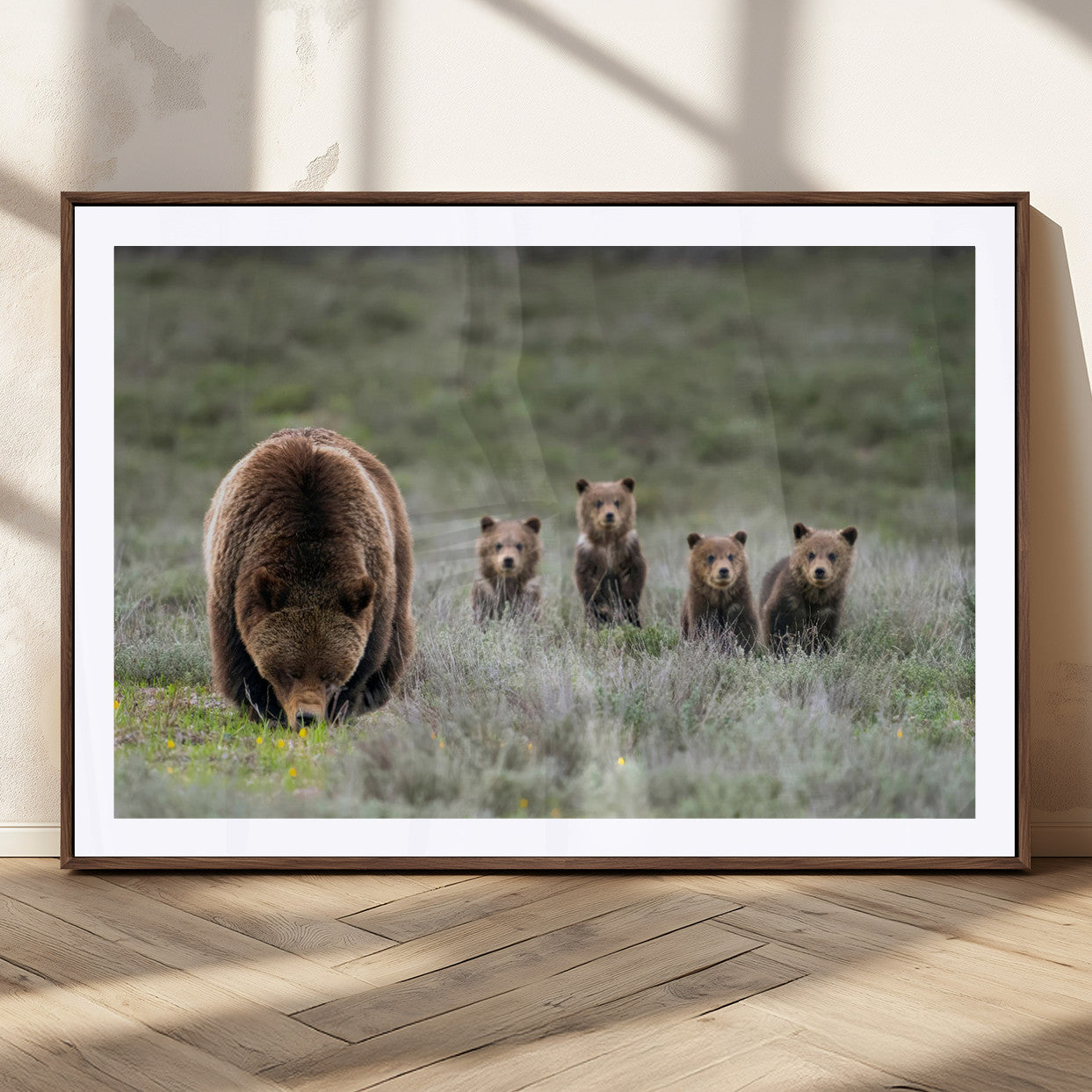65087B-MGC-FP-36x24_Walnut-Bear Family Wall Art – Wildlife Canvas Print Featuring Mother Bear with Cubs in Nature, Rustic Animal Artwork for Living Room,