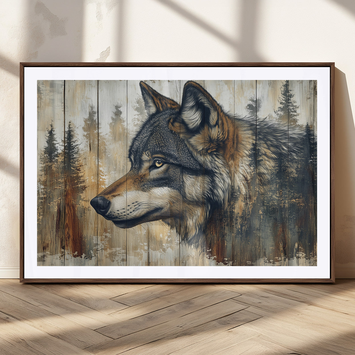 91882-MGC-FP-36x24_Walnut-Wolf Wall Art – Rustic Canvas Print of Forest Wolf on Wood Background, Wildlife Lodge Artwork for Living Room, Bedroom, Cabin, or