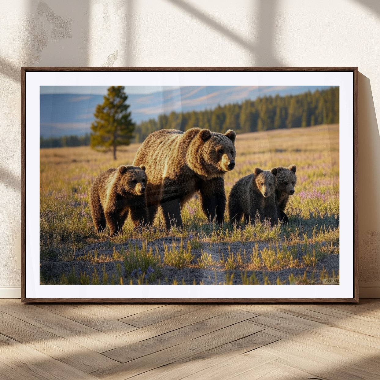 43400-MGC-FP-36x24_Walnut-Bear Family Wall Art – Wildlife Canvas Print of Mother Bear with Cubs in Sunlit Meadow, Rustic Animal Artwork for Living Room,