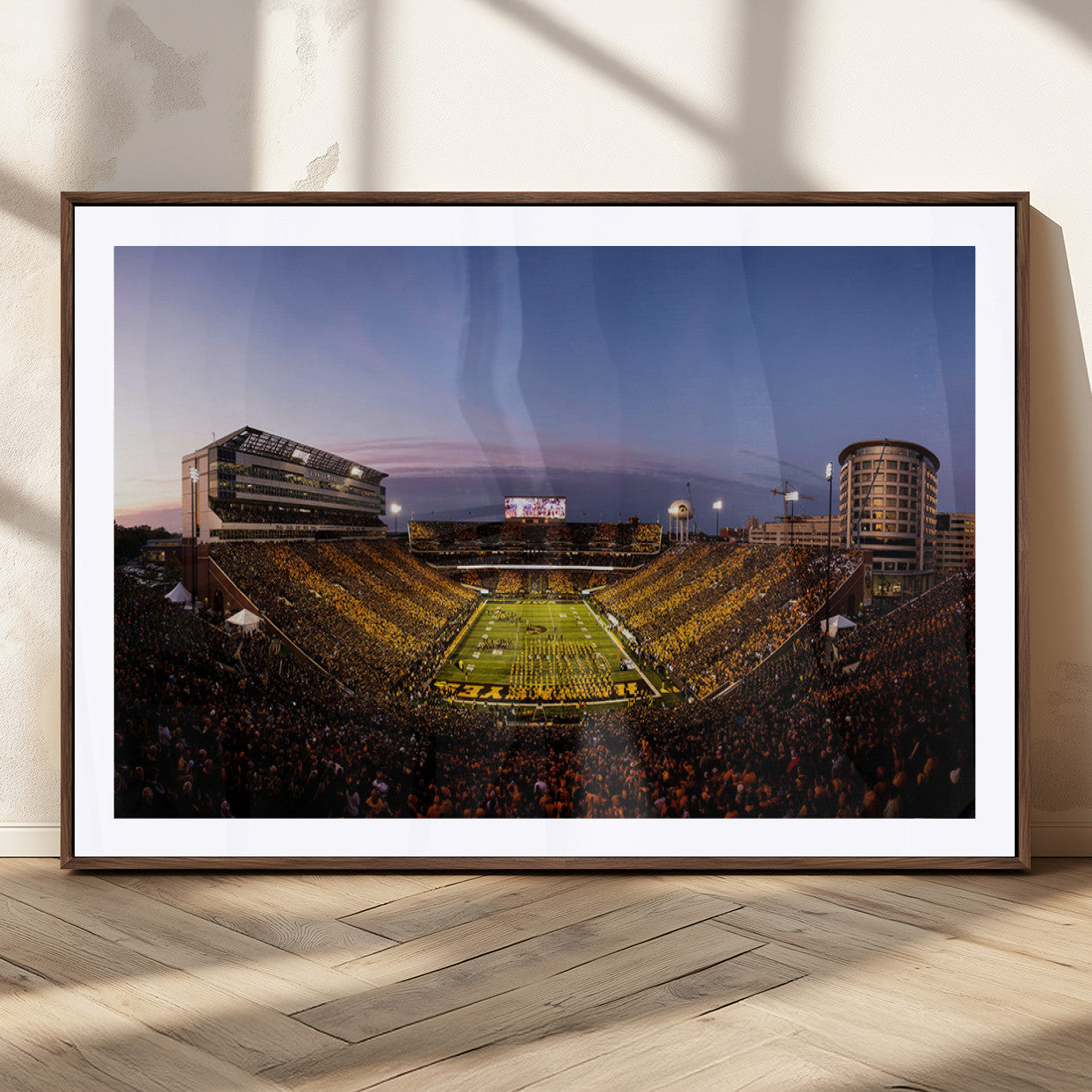 82557-MGC-FP-36x24_Walnut-College Football Stadium Wall Art – Panoramic Sunset Canvas Print with Marching Band and Game Day Crowd, Sports Artwork for Man