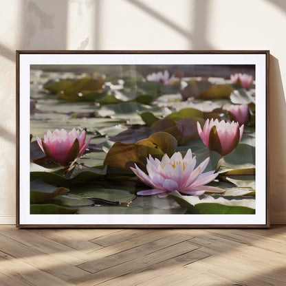 28394-MGC-FP-36x24_Walnut-Water Lily Pond Wall Art – Pink Lotus Flowers Canvas Print with Green Lily Pads, Peaceful Botanical Artwork for Living Room,