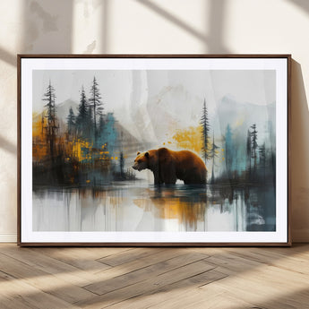 50308-MGC-FP-36x24_Walnut-Abstract Rustic Bear Wall Art – Forest and Mountain Scene Canvas Print, Nature Artwork for Modern Farmhouse or Log Cabin Decor