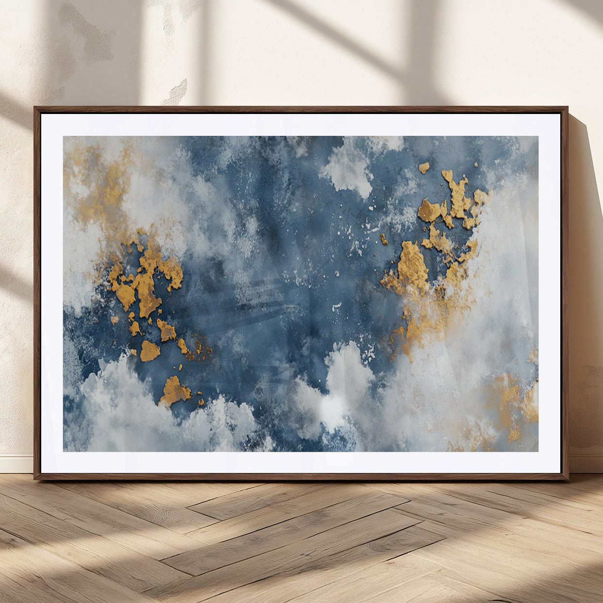39575-MGC-FP-36x24_Walnut-Blue and Gold Abstract Wall Art – Modern Canvas Print Featuring Cloudy Textures with Metallic Accents, Contemporary Artwork for