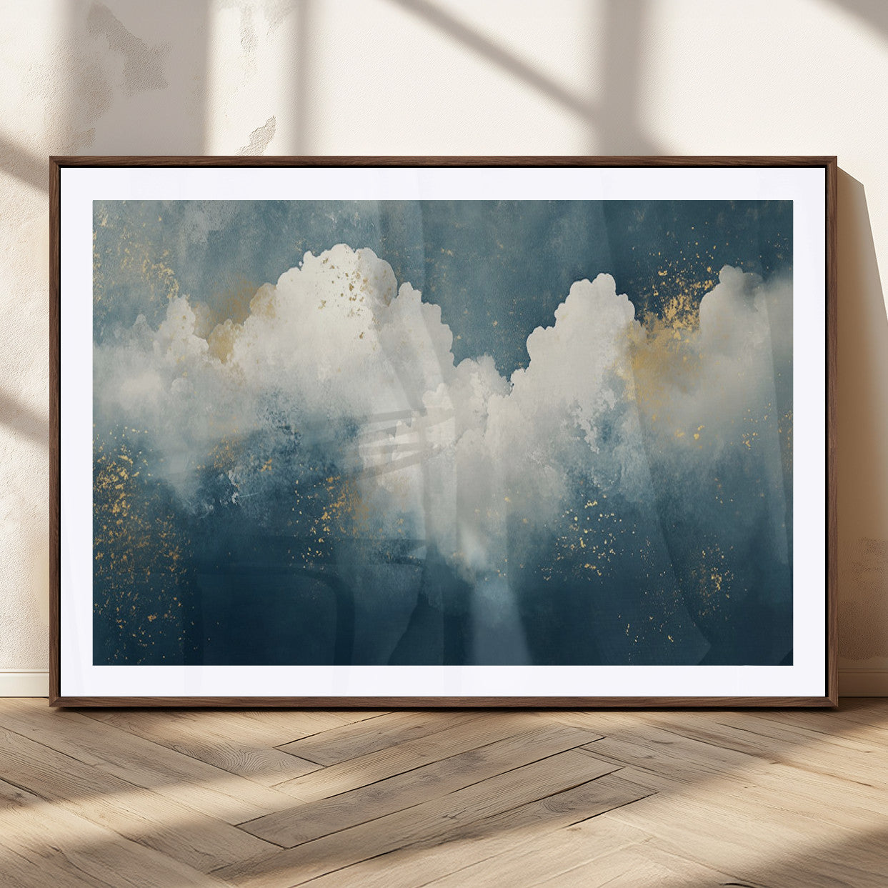 75131-MGC-FP-36x24_Walnut-Abstract Cloud Wall Art – Modern Canvas Print Featuring Blue and White Clouds with Golden Accents, Contemporary Artwork for Living