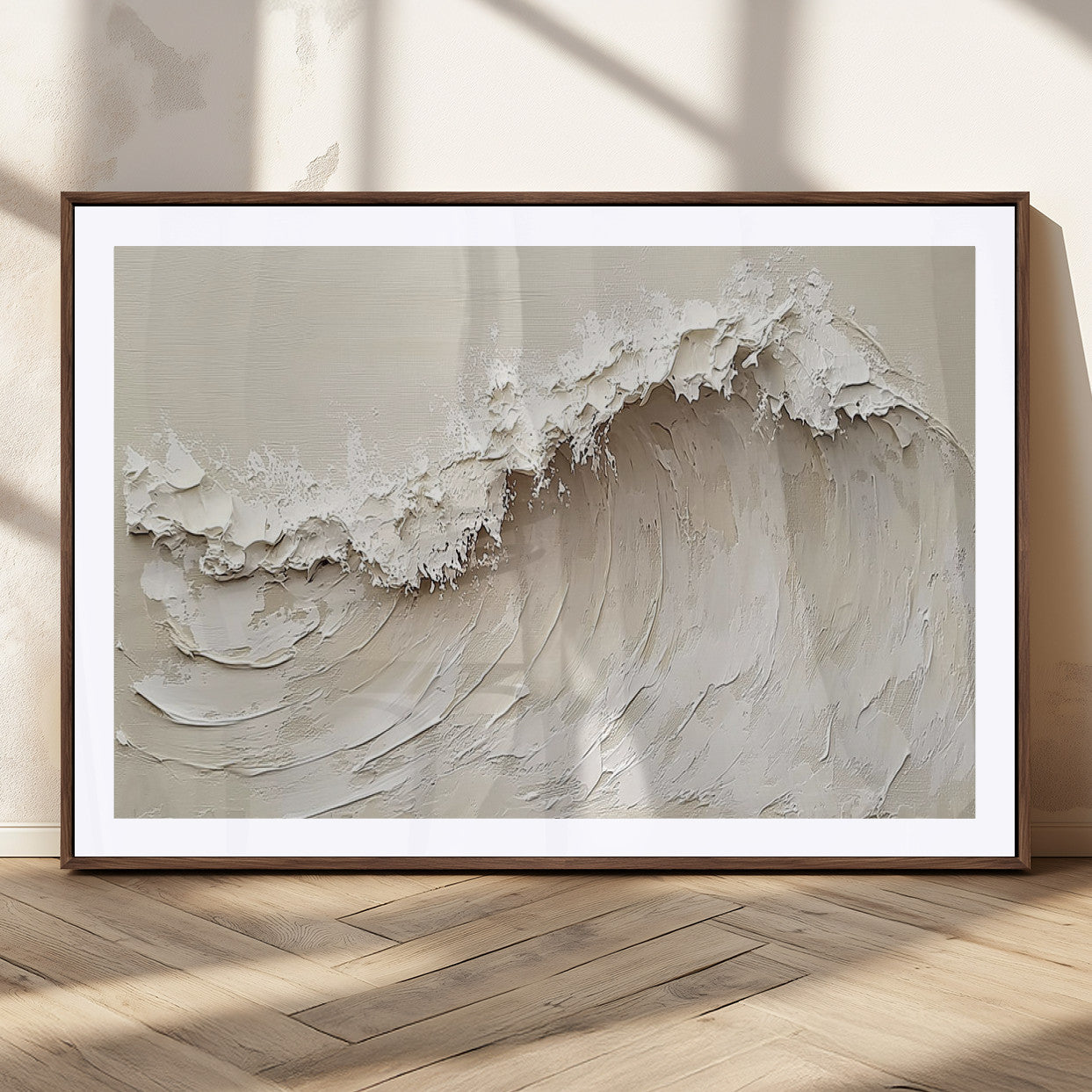 45175-MGC-FP-36x24_Walnut-Textured Wave Wall Art Canvas Print, Framed Minimal Seascape Art Picture Print, Elegant Wave Perfect Modern Coastal Decor Artwork