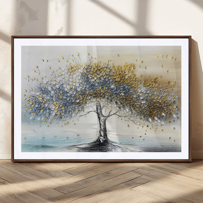 24771-MGC-FP-36x24_Walnut-Silver Tree Wall Art Canvas Print, Framed Golden Leaves Art Picture Print, Metallic Tree Perfect Minimalist Luxury Decor Artwork
