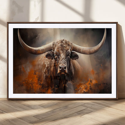 240479-MGC-FP-36x24_Walnut-Longhorn Bull Wall Art – Dramatic Western Canvas Print Featuring Horned Bull with Fiery Background, Rustic Farmhouse Artwork for