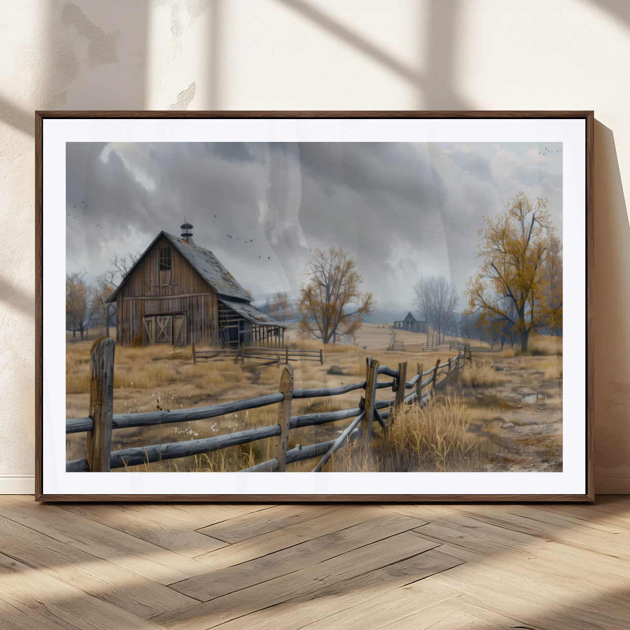 Farm1-MGC-FP-36x24_Walnut-Rustic Autumn Farmhouse Wall Art – Serene Countryside Scene Canvas Print, Weathered Barn and Autumn Trees Decor for Living Room,