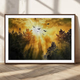 13776802-MGC-FP-36x24_Walnut-Golden Forest Wall Art Canvas Print, Framed Sunset Pines Art Picture Print, Flying Birds Perfect Nature Glow Decor Artwork